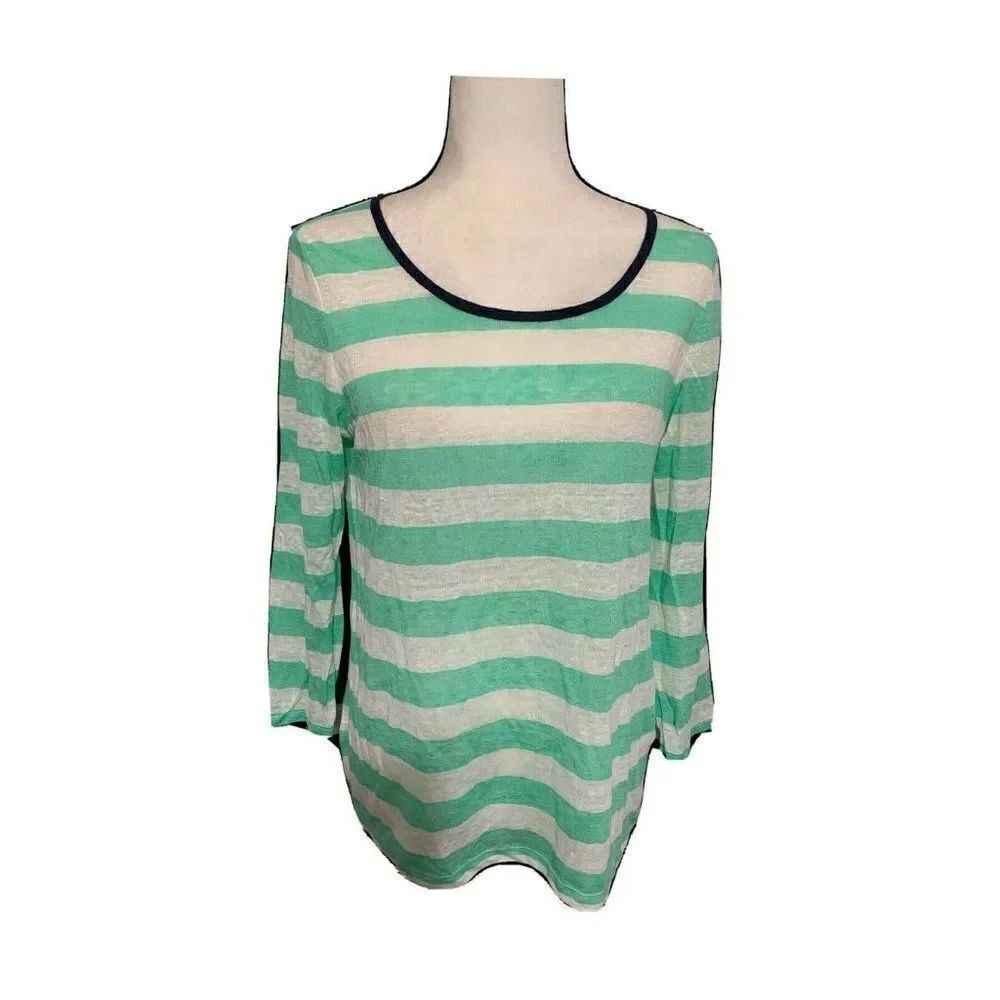 joie womens green white striped long sleeve 100% linen t shirt top small